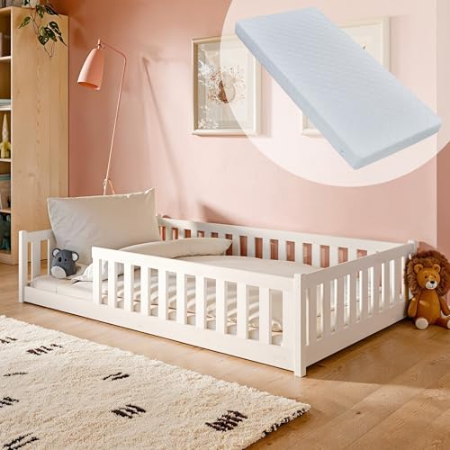 Cama infantil de suelo, 120 x 200 cm, con colchón, protección contra caídas y somier, Montessori, individual, blanca, otras tallas 80 x 160 cm, 90 x 200 cm, 140 x 200 cm