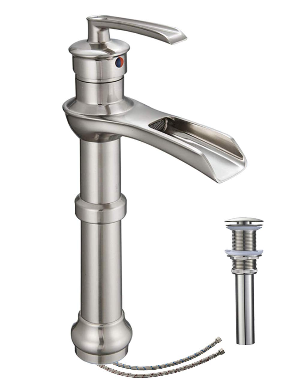 HomevaciousBathroom Vessel Sink Faucet Tall Waterfall Brushed Nickel Single Handle With Pop Up Drain Assembly Satin Mixer Tap One Hole Without Overflow Bowl Supply Line Lead-Free