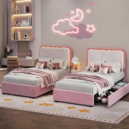 Image of Garvee Irregular Wave LED 2-Drawer Soft Upholstered Bed, Soft Padding