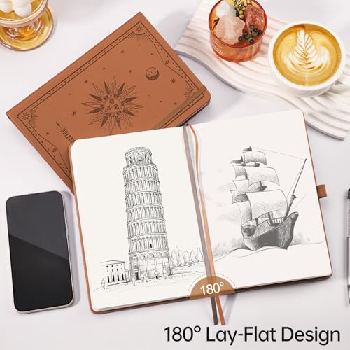 Image of EMSHOI Blank Journal Notebook, 192 Pages, A5 Size (5.7'' x 8.3'') | Leather Hardcover, 100 GSM Thick Paper, Unlined, Plain, for Sketching, Drawing, Painting, Sun Debossed (Brown)