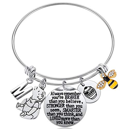 Kvekstio Inspired by Classic Gifts You are Braver Than You Believe, Bee, Hunny, Pooh Bear Charm Bracelet Inspirational Jewelry for Women, Initial M