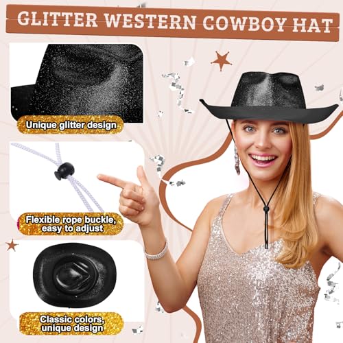 Image of Shyyween 24pcs Sparkly Western Cowgirl Hats for Adult Bulk Glitter Cowboy Hat Adjustable for Men Women Bachelor Western Party