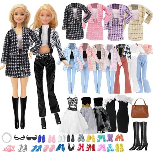 16 prendas compatibles con muñecas Barbie, 3 elegantes abrigos a cuadros, juego de 2 vestidos de fiesta, 1 pantalón de manga corta, 1 bolsa, 1 accesorio para el cuello, 2 gafas, 1 bota, 5 zapatos para