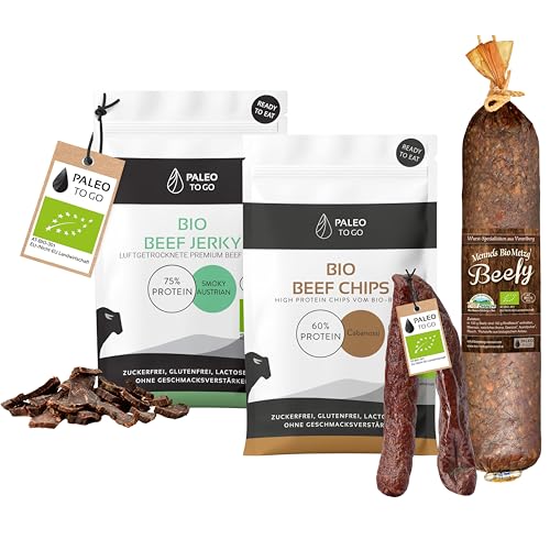 PALEO TO GO Geschenkset – 100% BIO Fleischsnacks – Beef Jerky, Beef Chips, Beefy Salami & Kaminwurzen – High Protein Snackbox – Low Carb Eiweißsnack – Ohne Zucker & Konservierungsstoffe