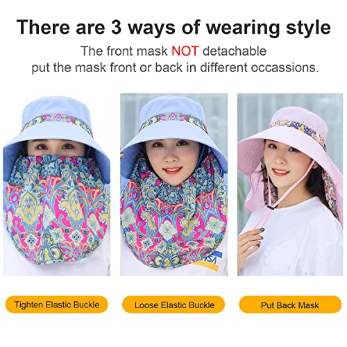 Image of Women Wide Brim Face Mask Sun Hat Detachable Neck Face Flap Ponytail UV Protection Visor Hat Garden Fishing Hiking