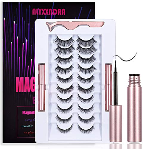 Magnetic Eyelashes With Eyeliner Kit,10 Pairs Eyelashes Magnetic 2021 Upgraded 3D Fluffy Natural Waterproof Reusable Fox Eyes Kit False Eyelashes And Eyeliner.