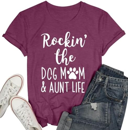 ALLTB Dog Mom Shirt Women Funny Dog Paw Graphic Shirt Rockin' The Dogs Mom Aunt Life Tshirt Dogs Lover Short Sleeve Tops