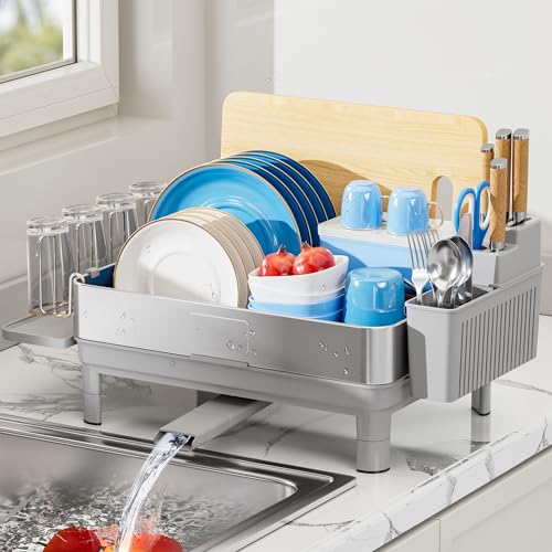 Image of Ewaiira Dish Drying Rack, 304 Stainless Steel Dish Racks for Kitchen Counter, Dish Drainers with Automatic Drainage, Utensil Holder & Cups Holder, Space Saving Kitchen Organizer, Gray