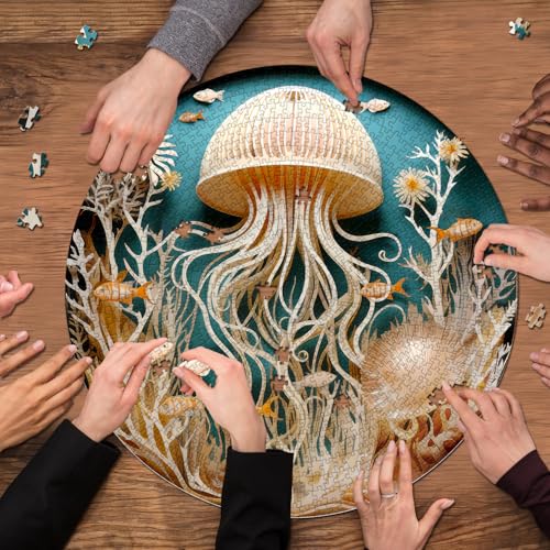 Puzzle de Medusas del Océano para Adultos 1000 Piezas, Rompecabezas Imposible de Pescado en el Profundo Azul, Puzzle Redondo de Medusas con Arte en Papel como Decoración de Pared miniatura 7