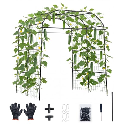 VEVOR Treillis à Concombres Forme Arche Treillis de Jardin Métal Support Plante Grimpante Extérieur pour Vignes, Pois, Haricots, Courgettes, Tomates, Fleurs, Revêtement Plastique PE, 181x165x210 cm