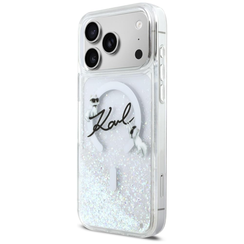 CG MOBILE Karl Lagerfeld - Custodia per iPhone 17 Pro Max con brillantini liquidi Karl Script Log compatibile con MagSafe (trasparente)