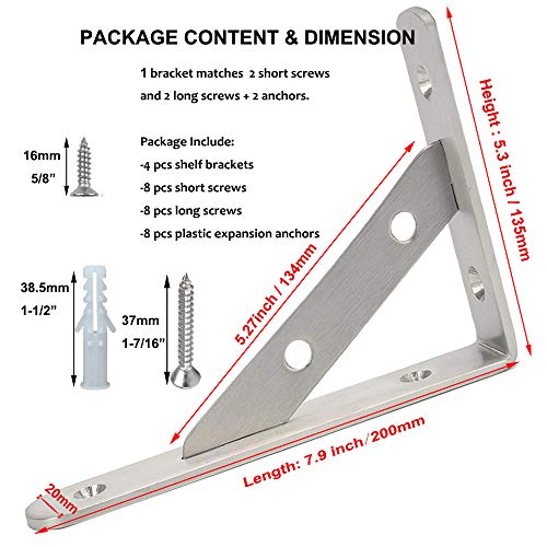Wszda 8" Heavy Duty Shelf Brackets(200X135Mm), 4 Pieces Of Stainless Steel Solid L Brackets, Floating Shelves Triangle Shelf Brackets, Wall Mounted Shelf Supporter Corner Bracket #TOP1