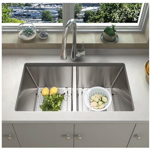 SANYCASA 33 Inch Double Bowl Kitchen Sinks with Quick Drain Slope - 11 Gauge (3mm) 304 Stainless Steel Undermount Kitchen Sink with Accessories