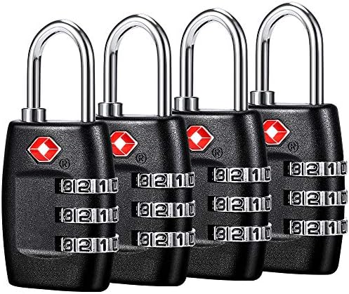 TSA Luggage Locks (4Pack) - 3 Digit Combination Padlocks - Approved Travel Lock for Suitcases & Baggage (Black)