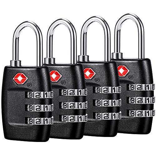 TSA Luggage Locks (4Pack) – 3 Digit Combination Padlocks – Approved Travel Lock for Suitcases & Baggage (Black)