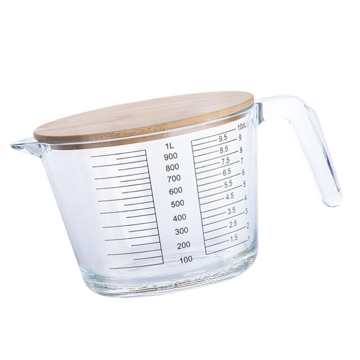 VICASKY Jarra Medidora Herramienta Práctica Taza Medidora Reutilizable de Vidrio Resistente al Calor con Tapa de Madera para Líquidos y Cremas para Hornear en Casa