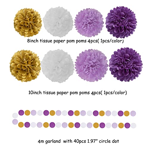 Image of Purple Gold Graduation Decorations - 30pcs Kits Lavender White Paper Flowers,Banner Flags,Tassel Streamer Garland Engagement Girl Baby Bridal Shower Party Decoration Lasting Surprise