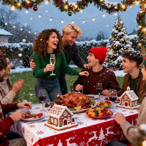 Winter Christmas Tablecloths - 2-Pack, Winter Themed with Reindeer and Snowflakes, Disposable Plastic Tablecloths 54" x 108", Ideal for Indoor and Outdoor Christmas Party Decorations – Image 8