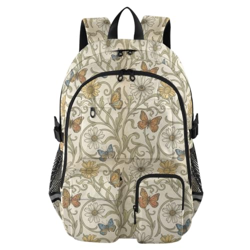 Mochila de viaje grande beige de William Morris con margaritas y mariposas