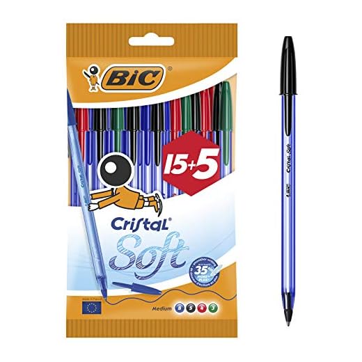 BIC Cristal Soft, Boligrafos de Punta Media (1,2mm), Óptimo para Uso Escolar y de Oficina, 4 Colores, Paquete de 20 Unidades