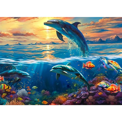NAIMOER Dauphins Peinture Diamant Adulte, Diamond Painting Animaux Complet, Diamant Painting Paysage Enfants Diamant Strass Point de Croix Cristal Diamond...