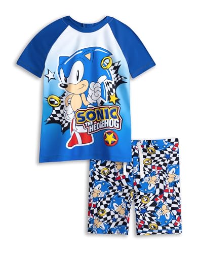 Sonic The Hedgehog Boys Swimsuit Set in Blue | 2 Piece T-Shirt & Swim Shorts for Kids | Racing Checkers Swimming Costume for Gamers | Gaming Cartoon Swimwear Merchandise Gift for Children