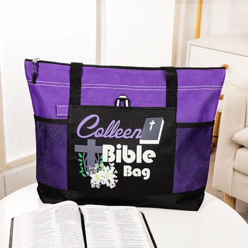 Personalized Cross & Flowers Bible Tote Bag, Custom Bible Study Bag with Mesh, Scripture Shopping Bag Handbag, Christian Gift for Woman/Friend/Family4