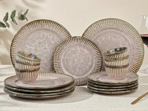 Image of Bodhi House Premium 18-Piece Stoneware Dinner Set Serving for 6 - Handcrafted Ceramic Plates, Bowls & Serving Bowls | Microwave & Dishwasher Safe | Elegant Modern Tableware Crockery Petal Pink