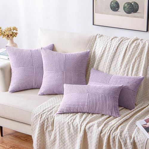 Image of MIULEE Purple Decorative Throw Pillow Covers 18x18 Inch for Couch Bed Sofa Pack of 2 Lavender Boho Farmhouse Throw Pillows Soft Cross Corduroy Patchwork Textured Cushion Cases