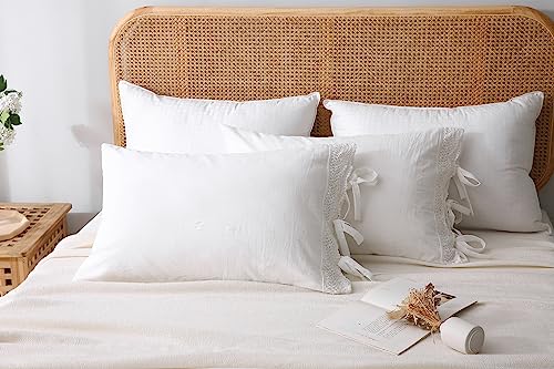Meaning4 2-Pack Ivory White Lace Bed Pillow Shams Crochet Pillowcase 100% Cotton 30 Inchx20 Inch Queen Size (Off White) Tie Closure thumb #3