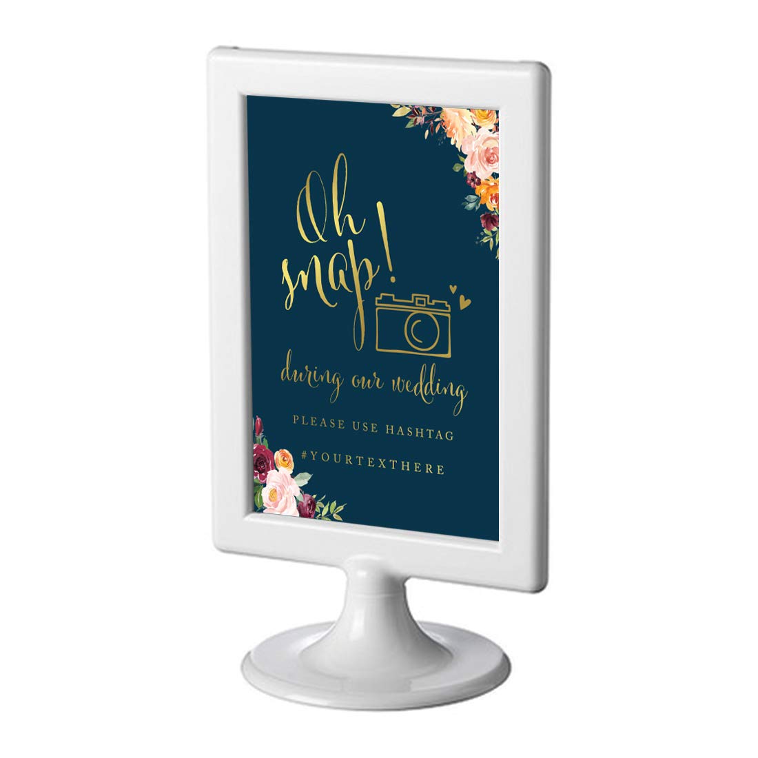 Andaz Press Framed Personalized Wedding Party Signs, Navy Blue Burgundy Coral Florals Flowers with Metallic Gold Ink, 4x6-inch, Oh Snap! Please Use # Hashtag, Double-Sided, 1-Pack, Custom