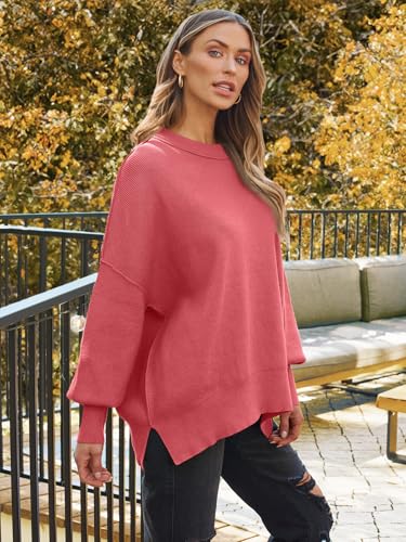 Image of LILLUSORY Women's Oversized Batwing Sweaters 2026 Fall Outfits Trendy Crewneck Knit Side Slit Fashion Pullover Tops