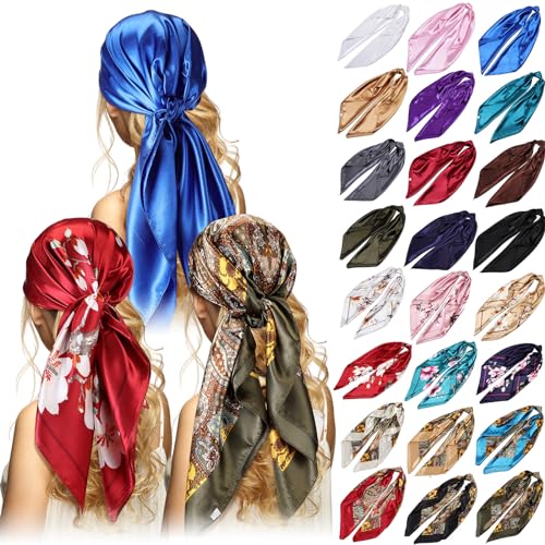 Hicarer 24 Pcs 35 Inch Silk Head Scarf Large Square Neck Scarf Sleeping Hair Wrapping Satin Scarf for Women