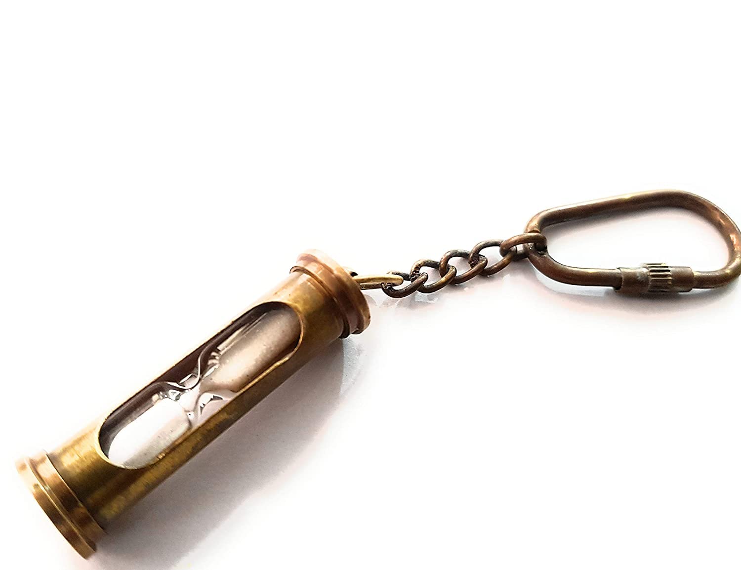 Brass Antique Finish Sand Timer Key Chain Hour Glass (Brown)