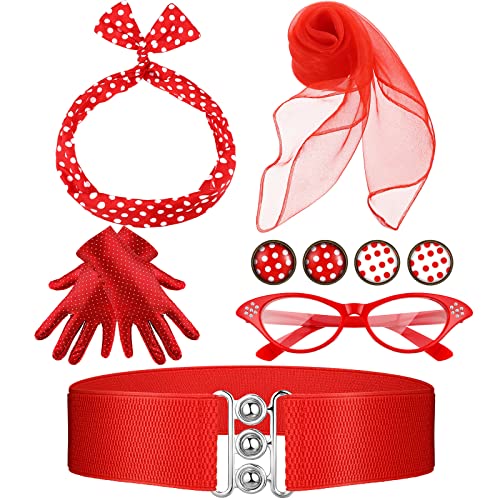Newcotte 1950's Womens Costume Accessories Scarf Polka Dot Cat Eye glasses Bandana Tie Headband Earrings Gloves Waistband(Red)