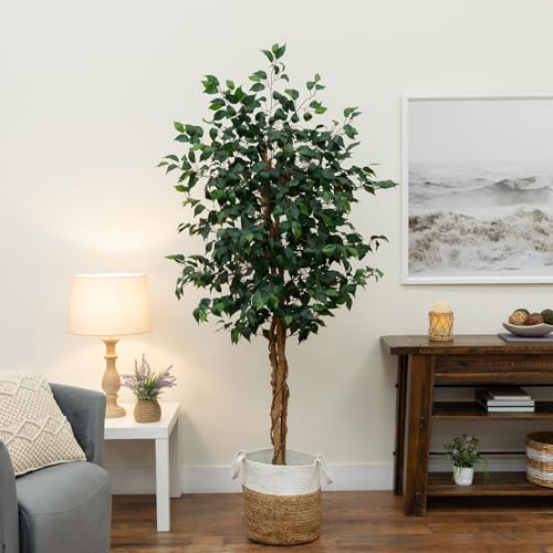 Image of Nearly Natural 6ft. Triple Trunk Ficus Artificial Tree with Natural Trunks in Handmade Natural Jute and Cotton Basket Planter