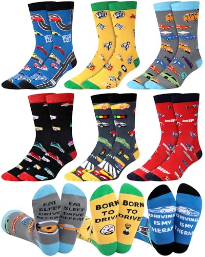 Velmitten 6 Pairs Funny Car Socks for Men Novelty Automotive Cotton Crew Socks Birthday Valentine Gifts for Car Guys Lover Husband Boyfriend
