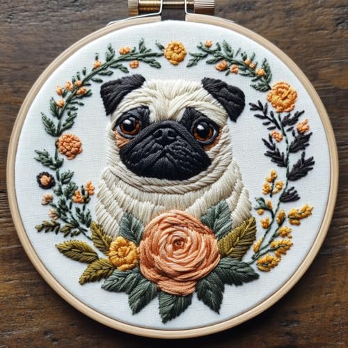 DIY Punch Needle Kits for Beginners Cute Pug Dog and Rose with Hoop Embroidery Punch Needle Starter Set Easy for Adults and Kids Festival Gift and Decor 20x20cm-1