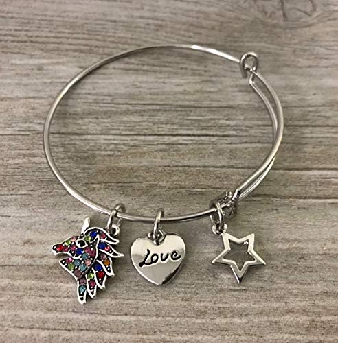 Image of Infinity Collection Unicorn Charm Bracelet with Love Heart and Star Charms Colorful Unicorn Jewelry Adjustable Stainless Steel Bangle Inspirational Gift