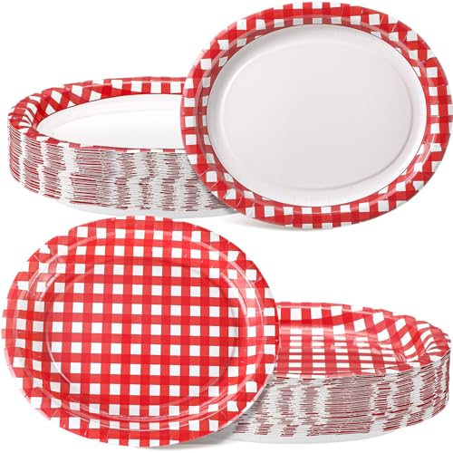 Havawish 50 Pcs Red Gingham Oval Paper Plate Heavy Duty Dinner 10 x 12