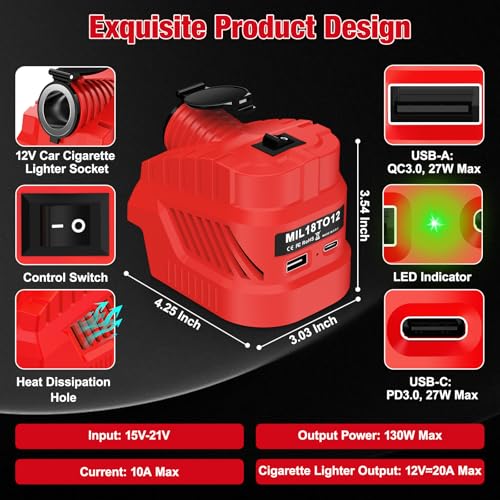 Car/Vehicle Refrigerator Power Supply for Milwaukee M18 18V Battery,Cigarette Lighter Interface,DC 12V Buck Converter Regulator,High Power 240W 20A,with USB A &Type C Port,for Golf Cart RC Car Truck2