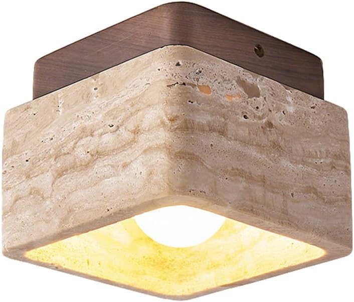 Lámpara de techo japonesa de mármol travertino natural, cuadrada, pequeña cerca del techo, base E26E27, iluminación vintage para dormitorio,