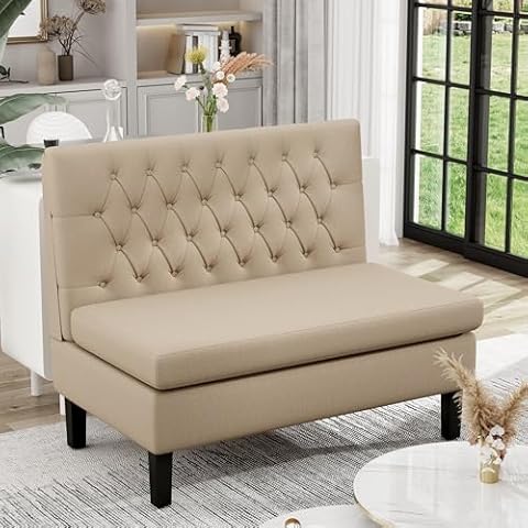 Yongqiang Modern Upholstered Settee with Back Small Loveseat Sofa Dining Bench Banquette Seating for Kitchen Dining Room Living Room Linen Button Tufted Mini Couch Khaki Cover
