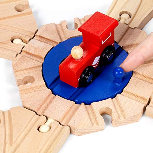 switch track wooden train set 18 pcs - 8 way turntable rail station accessory curved switch tracks basic and advanced pieces - expansion compatible with all major classic toy train hobby brands