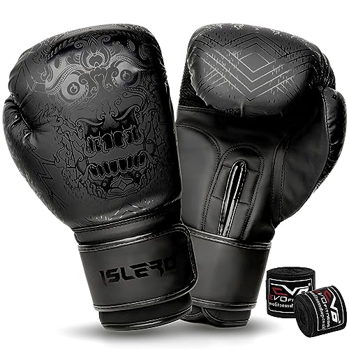 Islero Fitness Matte Black Boxing Gloves Men Punch Bag Women MMA Muay Thai Martial Arts Kick Boxing Sparring Training Fighting Gloves With Hand Wraps (Black