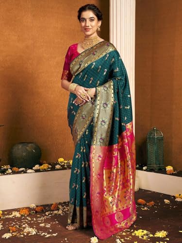 Image of Women's Paithani Silk Blend Saree with Blouse Piece, Woven Embellished Jacquard, Traditional
