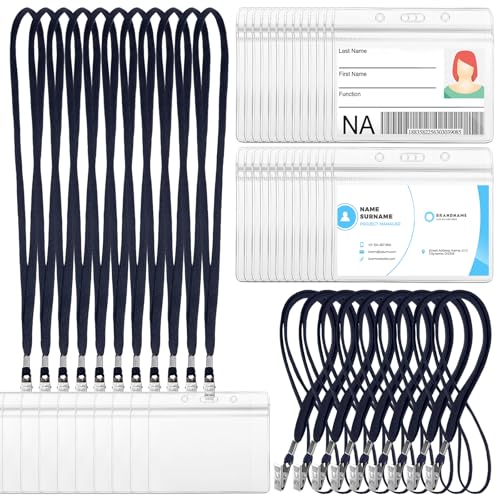 Image of Marspark 50 Sets Clear Name Tags with Lanyard, Lanyards for ID Badges Reusable Strap with ID Holder Plastic Name Badges for Adults Business School Church Conference (Dark Blue)