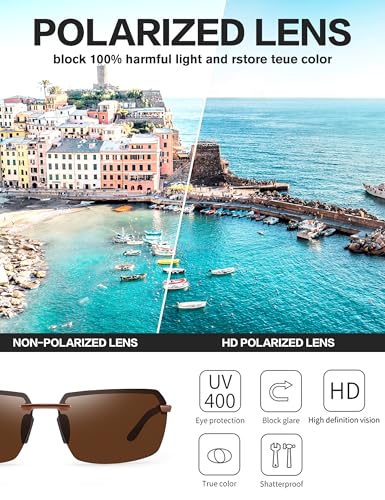 Image of BIRCEN Mens Polarized Sunglasses for Driving: Rimless UV Protection Sun Glasses with Al-Mg Frame for Fishing Traveling Golf