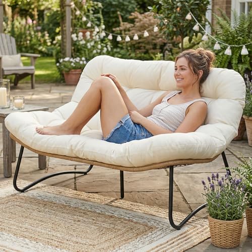 NICESOUL Patio Loveseat, Boho Double Papasan Chair with 5.5" Extra