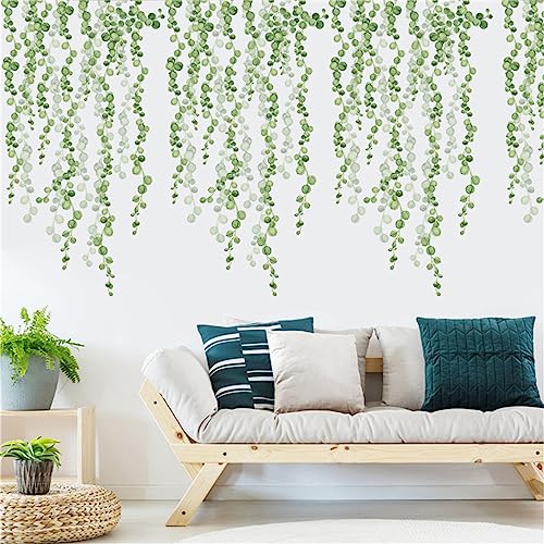 WOHAHA Calcomanía de pared de eucalipto con plantas verdes colgantes en 3D, acuarela, plantas verdes, enredadera, extraíble, arte de pared para sala de estar y dormitorio